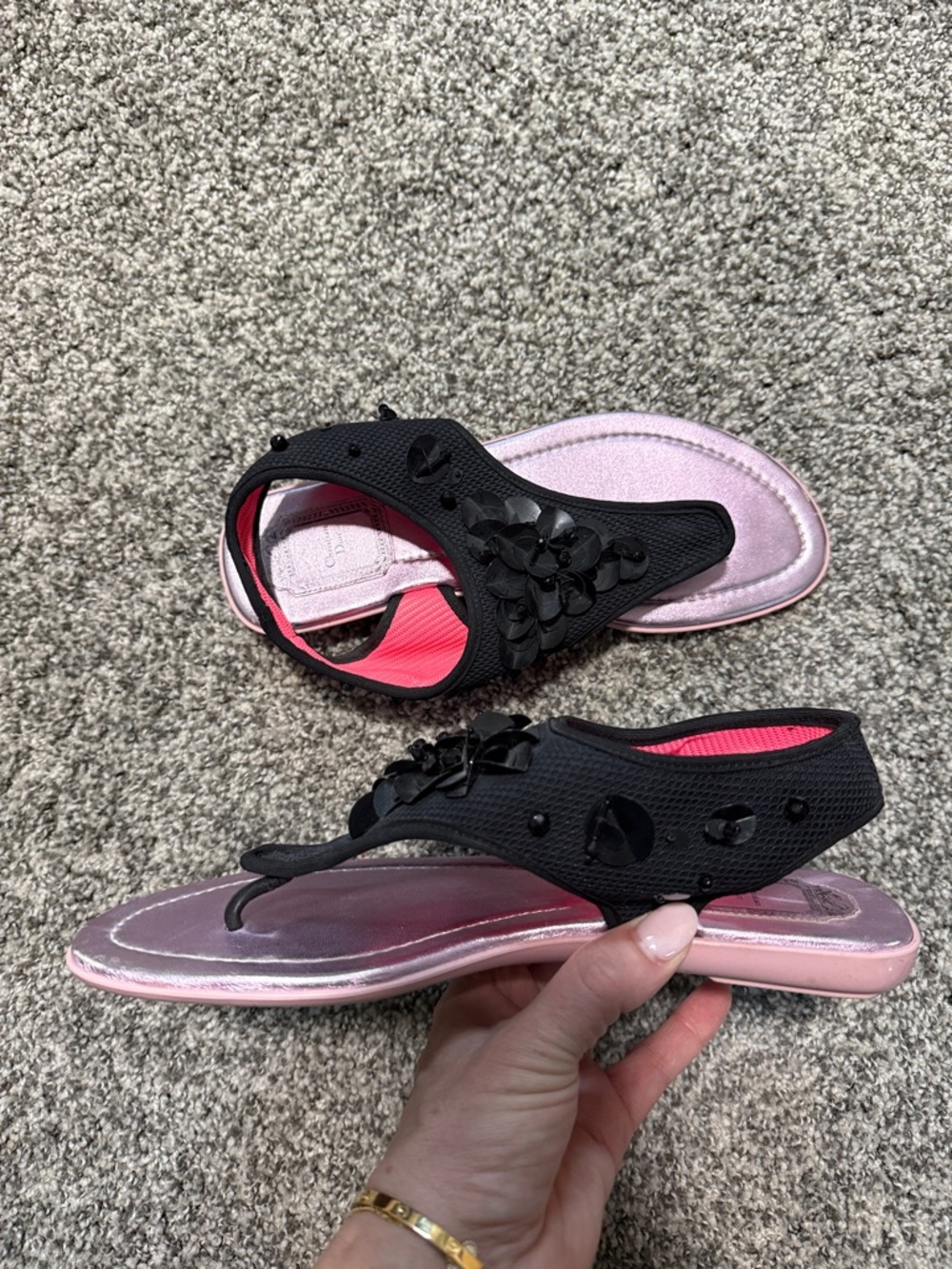 Christian Dior Black Sandals with Pink Metallic Footbed - Picture 10 of 12